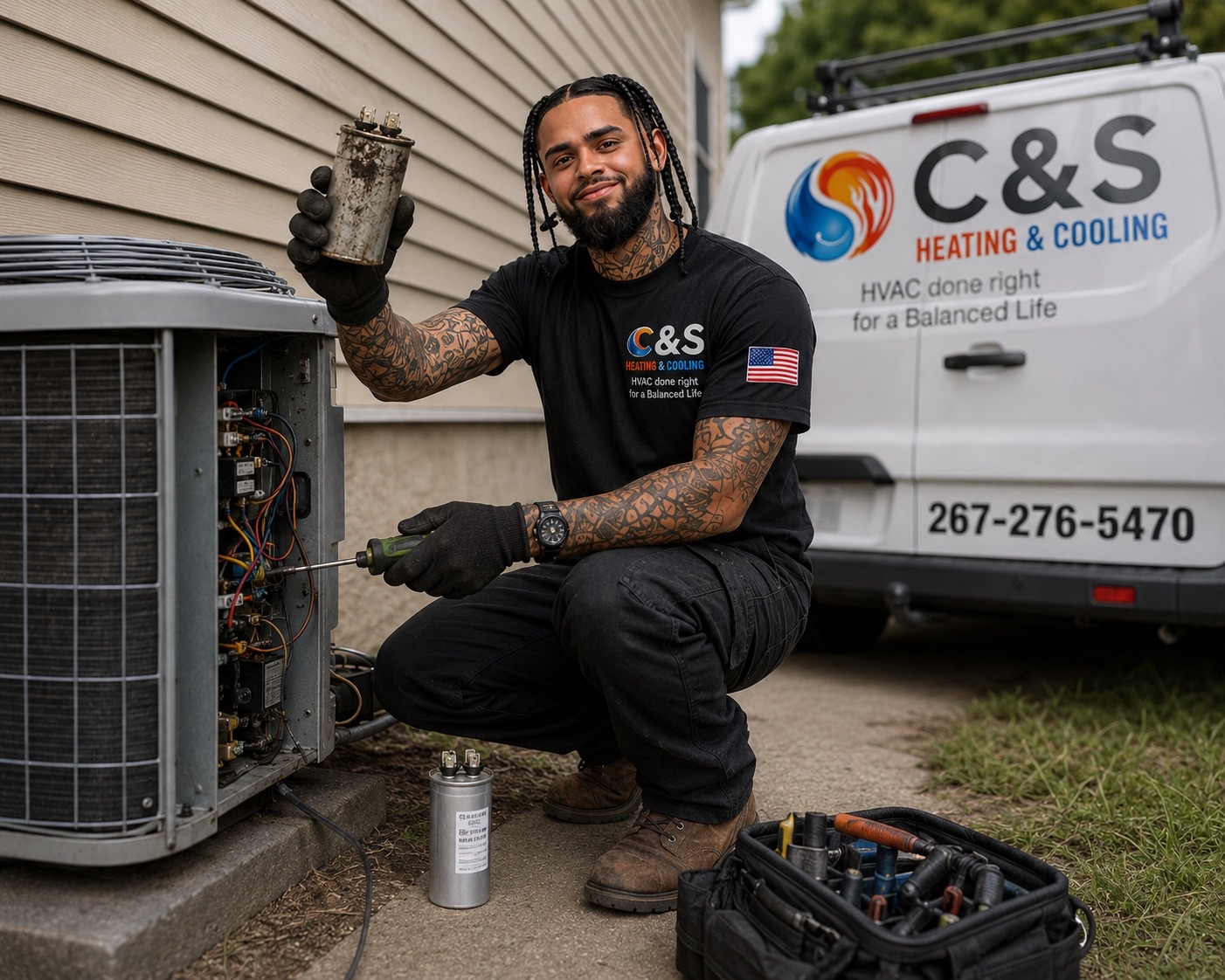 Christopher Rivera working on an outdoor HVAC system for C&S Heating & Cooling.